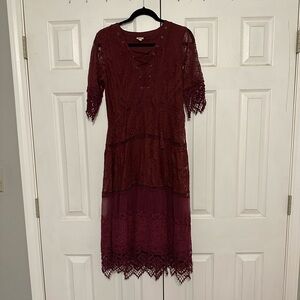 Burgundy lace midi dress